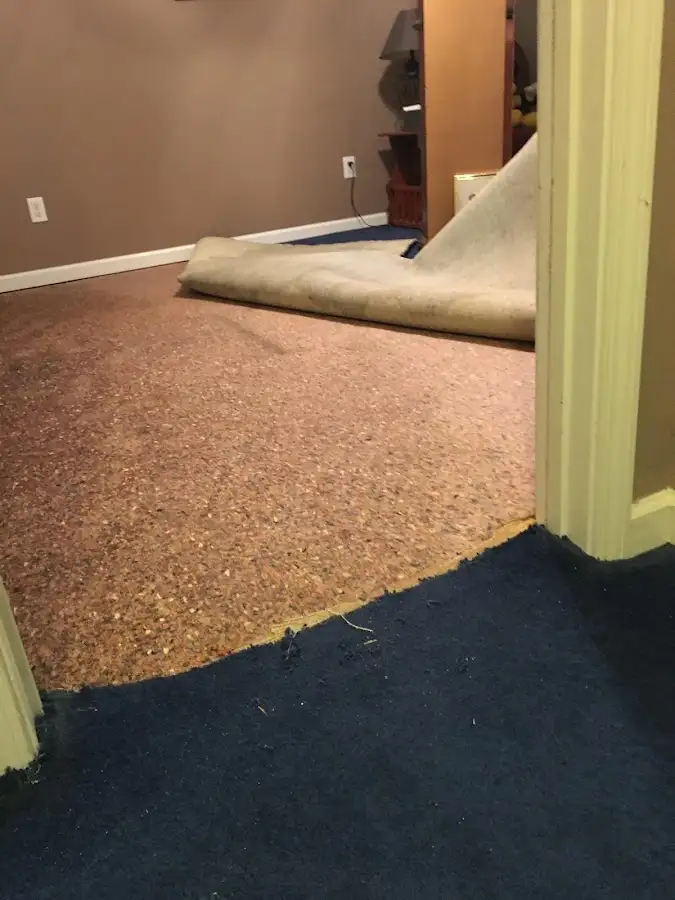 Carpet pad removal revealing water damage during Water Mitigation Services in Yankee Springs